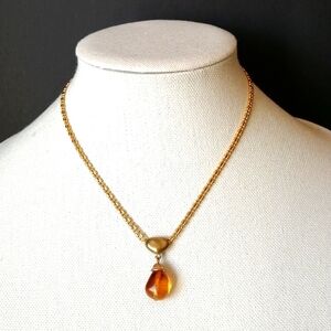 JNY Jones New York Amber Colour Tear Pendant Double Chain Goldtone Necklace
